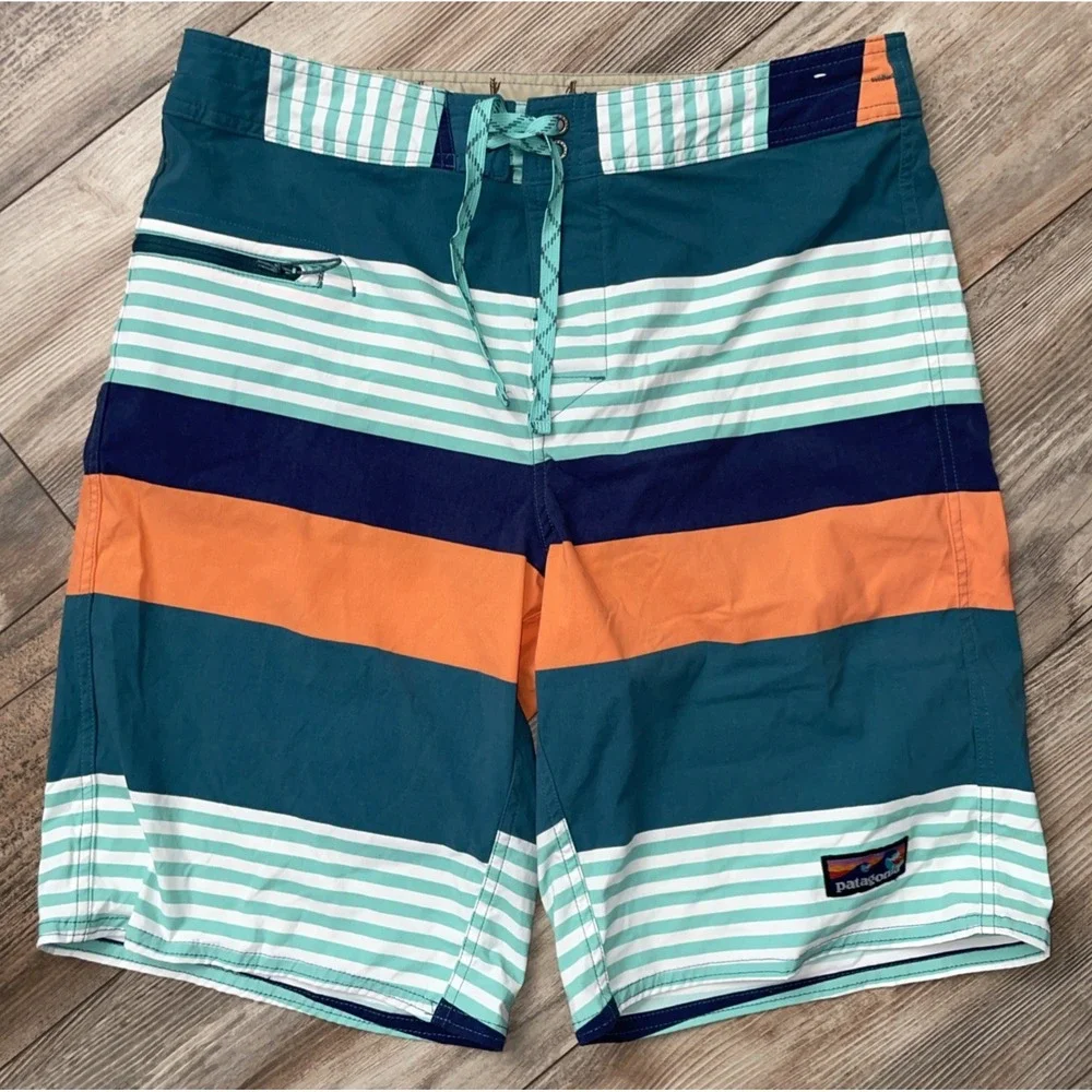 Patagonia Wavefarer Board Shorts Mens 34 Blue Orange Striped Beach - Picture 1 of 5